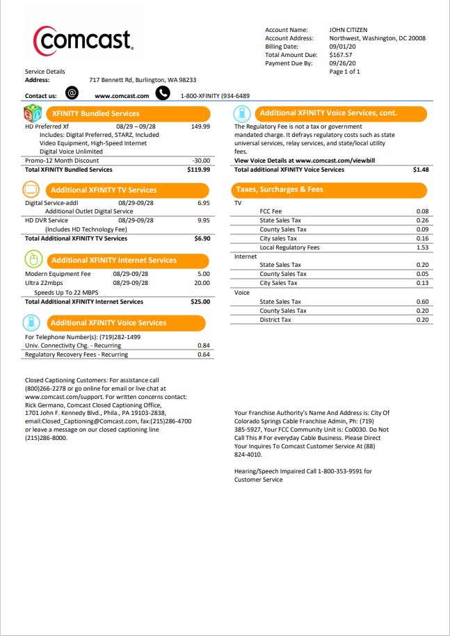 USA Utah Comcast utility bill template in Word and PDF format version 1